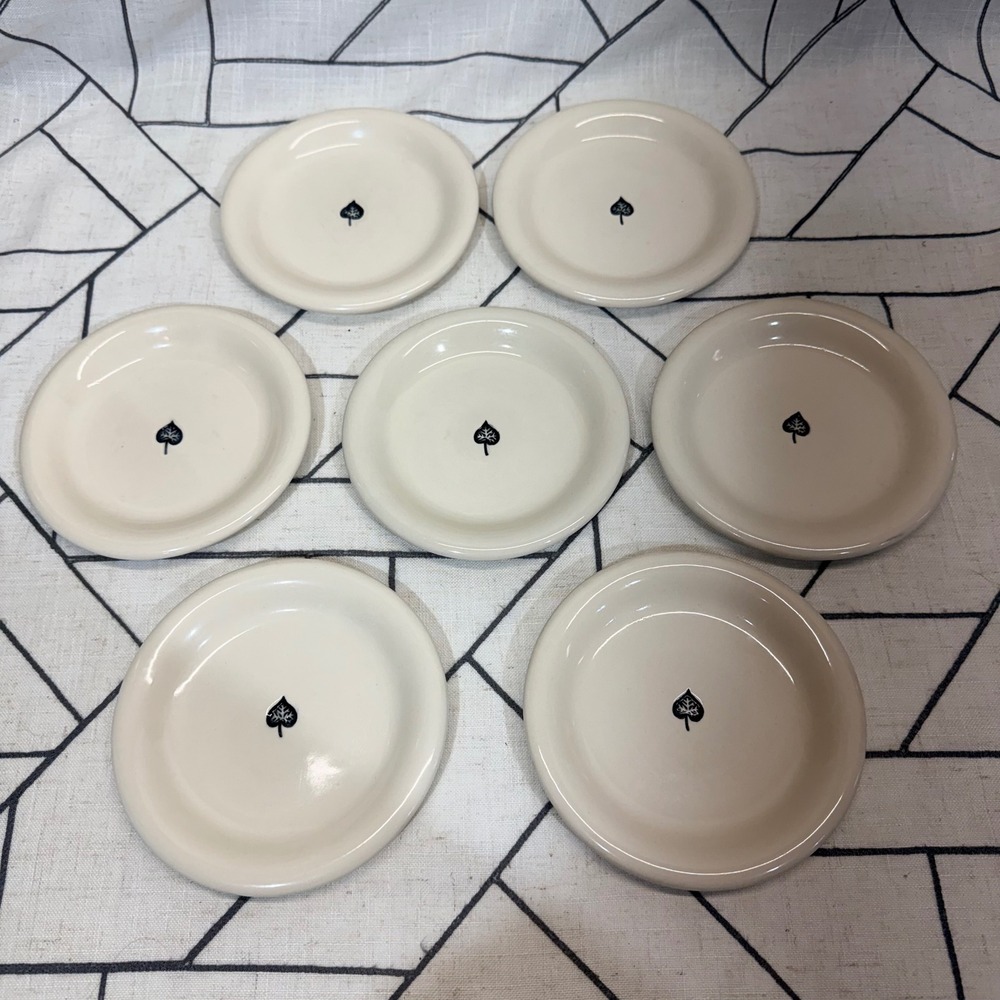 Starbucks Appetizer Plates Set of 7 6" Cream Black Leaf Ceramic Microwave Safe